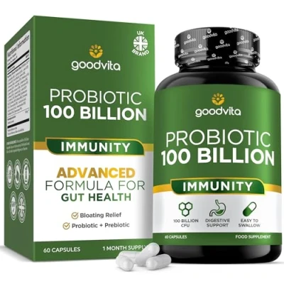 Image of Goodvita Probiotics for Gut Health UK Made High Strength 100 Billion CFU 60 Capsules, 1 Month Supply Digestive + Immunity Support 30 Live Strain Complex Inc Prebiotics Women Men