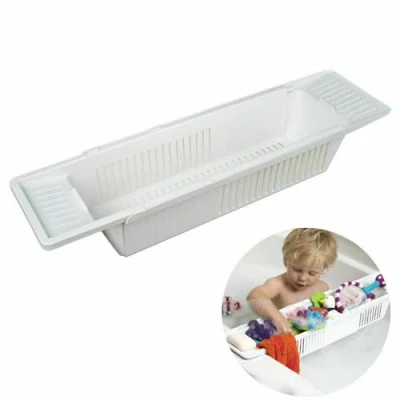Image of Extendable Luxury Plastic Bath Caddy Tray for Bathtub Bathroom Shower Organizer Adjustable Length Bridge Rack