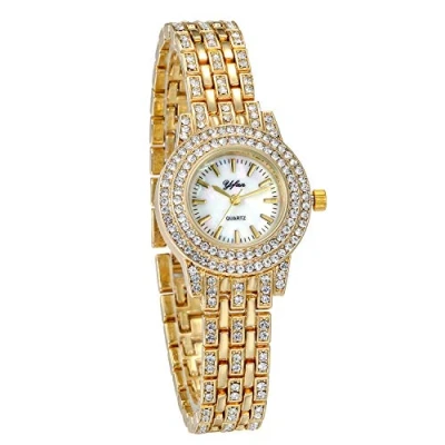 Image of JewelryWe Women Watches Gold Tone Alloy Rhinestone Quartz Watch Stylish Bling Dress Wristwatches