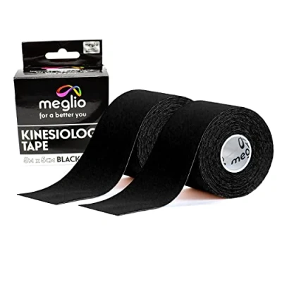 Image of Meglio Kinesiology Tape Uncut 5m Roll Sports Strapping for Injuries, Support Muscle Tape, K Physio Trans Athletic Breathable &amp; Waterproof (Black) 2 Rolls