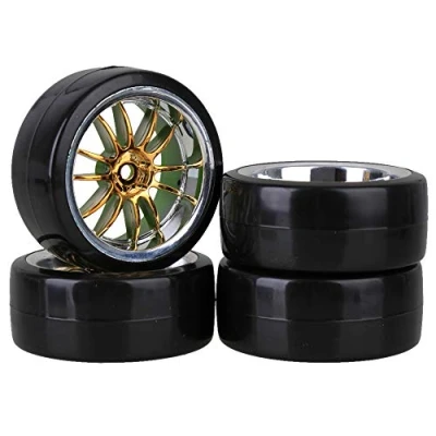 Image of Mxfans 4PCS RC1/10 On Road Car Drift Smooth Wheel Tires &amp; Plastic Plating Golden 12 Spoke Rims