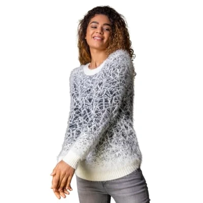 Image of Roman Originals Fluffy Yarn Jumper for Women UK Ladies Thick Sweater Warm Cosy Chunky Knitted Pullover Winter Furry Casual Smart Textured Everyday Cuddly Comfy Soft Knitwear Ivory Black Size 12
