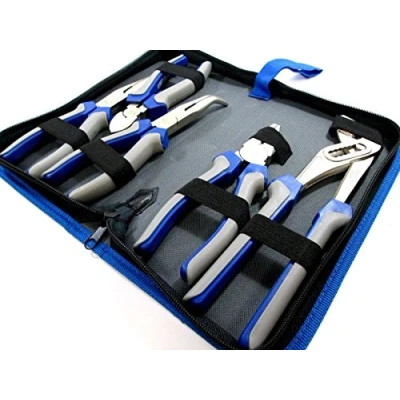 Image of US PRO Tools 5pc Pliers Set in case Combination Long Bent Nose Side Cutters Water Pump 1821, Blue
