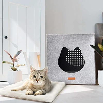 Image of LuckySign Felt Cat Cave Indoor Cube Bed Suitable for IKEA Kallax &amp; Expedit Shelves, 33 * 37cm, Light Grey