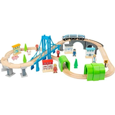 Image of Small Foot 11492 Wooden Toy Train Building, Made of Wood, with Suspension Bridge and Tunnels, a Play World on Two Levels, Multicolored