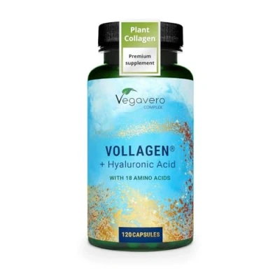 Image of Vegavero Vegan Collagen Complex + Hyaluronic Acid NO Additives Powder Vollagen® Essential Amino Acids 120 Capsules