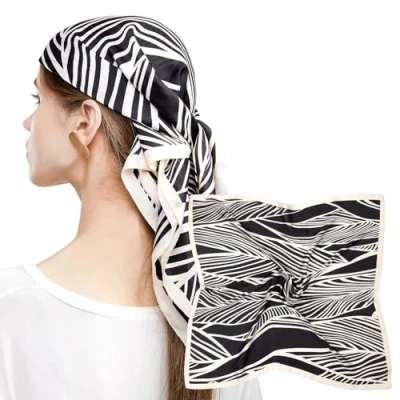 Image of MEANBEAUTY 27.5&quot; Square Silk Like Head Scarf for Women Satin Bandana Scarves Neck Scarfs Hair Wrapping at Night(Black leaves)