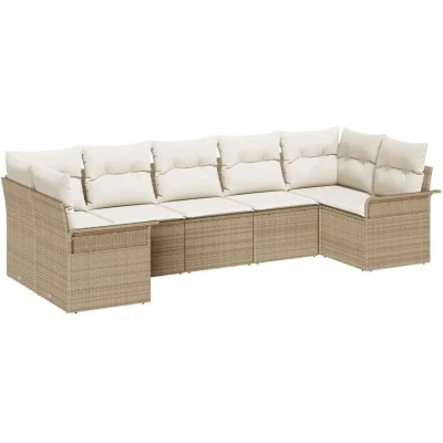 Image of vidaXL 7 Piece Garden Sofa Set with Cushions Beige Poly Rattan