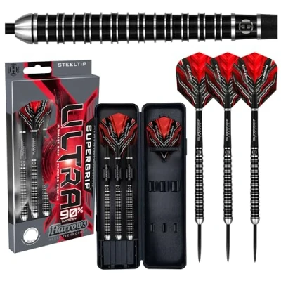 Image of Harrows Supergrip ULTRA 90% Tungsten Steel Tip Darts Set. Available in 21g, 22g, 23g, 24g, 25g, 26g, 28g &amp; 30g Includes Carbon Shafts, Flights Travel Case 25g