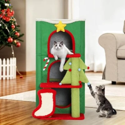 Image of YITAHOME Christmas 3 Storey Cat House for Indoor Cats Bed, Covered Beds &amp; Furniture with Highway Cave, Scratch Itching Post, Modern Condo Furniture, 52 * 45 85cm(Green)