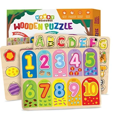 Image of Woody Treasures Wooden Puzzles 3 Piece Set Educational Toys for Toddlers Years &amp; Up ABC Puzzle Includes Alphabet, Numbers Shapes Colourful and Fun Boys Girls