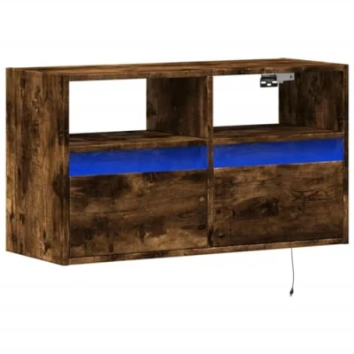 Image of vidaXL TV Wall Cabinet with LED Lights Floating Unit Smoked Oak Engineered Wood 80 x 31 45 cm 2 Drawers Modern Storage Solution