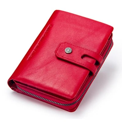 Image of Contacts Real Leather Womens Bifold Trifold Wallet Multifunction Card Holder Clutch Travel Purse with Zipper Coin Pocket (Red)