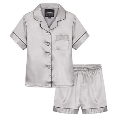 Image of CityComfort Girls Short Pyjama Sets Satin, Button Down 2 Piece Set Gifts (Taupe, 7 8 Years)