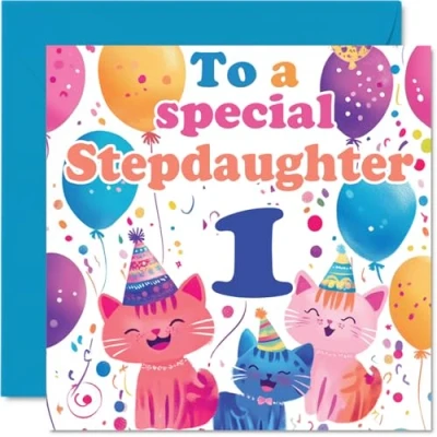 Image of 1st Step Daughter Birthday Card Cute Cats Special Happy for from Mum Dad, 145mm x Age 1 One Greeting Cards
