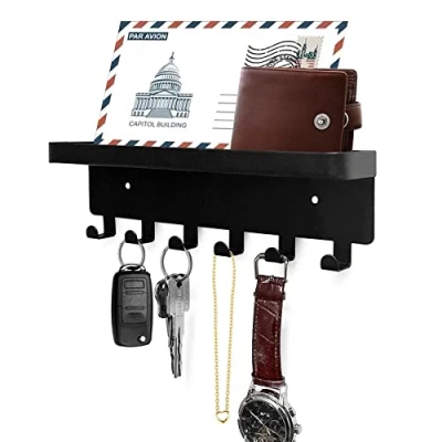 Image of GTK Key Holder with Tray and 6 Hooks for Hallway, Rack Shelf Mail Storage (Black)