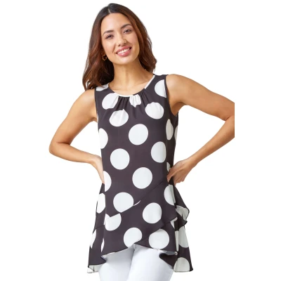 Image of Roman Originals Polka Dot Frill Detail Top for Women UK Ladies Everyday Holiday Spring Summer Round Neckline Comfy Soft Evening Vacation Work Party Black Size 12