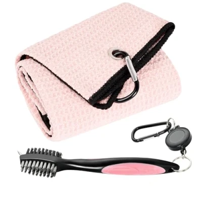 Image of Mile High Life Microfiber Waffle Pattern Tri fold Golf Towel Brush Tool Kit with Club Groove Cleaner, Retractable Extension Cord and Clip (Purple Towel+Black Brush)