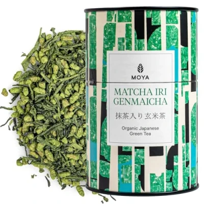 Image of Moya Organic Japanese Iri Genmaicha Green Tea Loose Leaf 60g Sencha with Rice and Matcha from Japan Vegan Friendly Packed in Multicolored Carton Tin