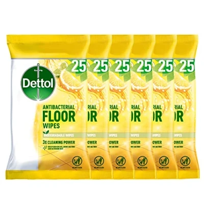 Image of Dettol Antibacterial Floor Wipes, Citrus, Total of 150 Wipes (6 Packs X 25), Cleaner, Laminate Wood Biodegradable, Disinfectant