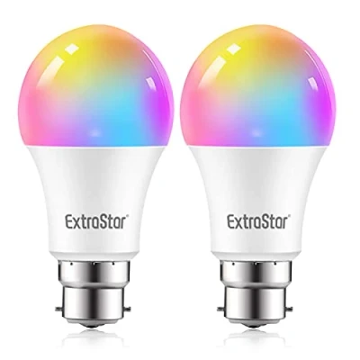 Image of EXTRASTAR B22 WiFi Smart Bulb Alexa Light Bulbs, 10W 1000LM Dimmable Colour Changing Bulb, A60 RGB LED Remote Control Compatible with Alexa, Google Home (2 Pack)