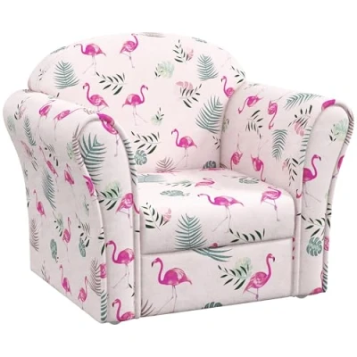 Image of AIYAPLAY Kids Sofa Chair, Toddler Armchair with Flamingo Design, Wooden Frame, Upholstered Chair for Bedroom, Playroom, Room, Pink