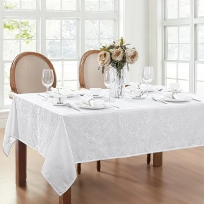 Image of Elrene Damask Tablecloth, Polyester, White, 52&quot; x 70&quot; Oblong/Rectangle