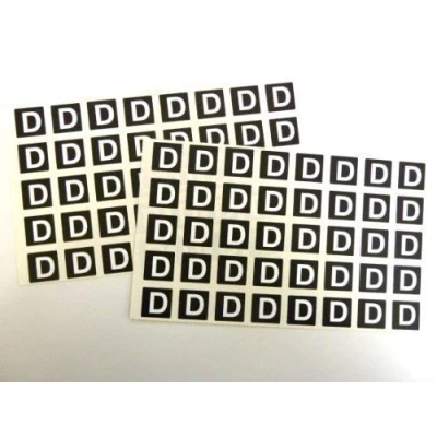 Image of Letter D, White Alphabet Letters on Black 20x20mm Square Labels Durable Plastic Stickers