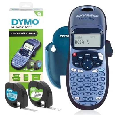 Image of Dymo LetraTag LT 100H Label Maker Starter Kit+ Handheld Printer Machine with Paper, Clear Plastic Tape &amp; Holder Ideal for Office or Home