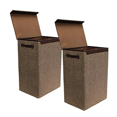 Image of simpahome 72L Laundry Basket with Lid, Sturdy Foldable Woven Style Hamper Design Beige/Brown 60cm (H) x 40cm (W) 30cm (L) Set of 2 Baskets