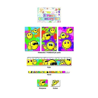 Image of 5 Piece Stationery Set Pencil, Sharpener, Rubber, Ruler, Notepad (Smiley)