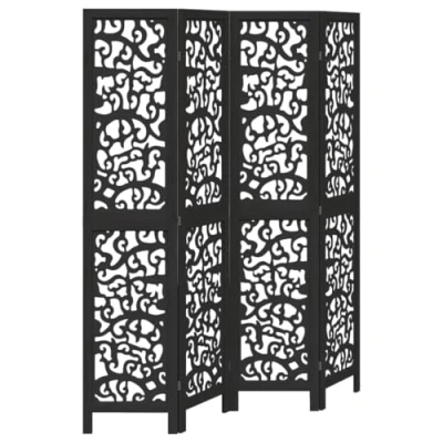 Image of vidaXL Room Divider 4 Panels Office Privacy Screen Black Solid Wood Paulownia 140 145 x 200 cm Stylish Partition for Bedroom, Living Room, and