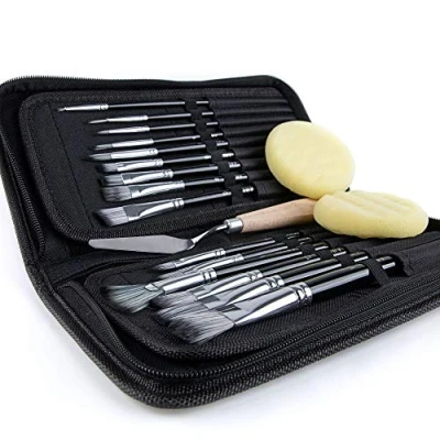 Image of Artify 15 pcs Paint Brush Set Nylon Painting Brushes for Acrylic, Oil, Watercolour and Gouache Kids, Adults, Beginner Professional, with Round, Angle, Flat, Filbet, Fan Shape,Black