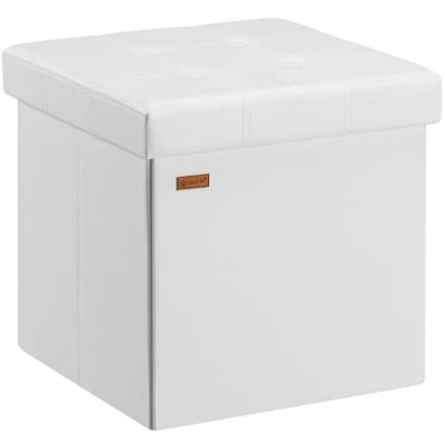 Image of CASARIA® 40cm Square Foldable Stool with Storage Space Faux Leather Removable Padded Lid 40x40cm Upholstered Ottoman 40 Litre Capacity Chest Shoe Accessory Store Box White