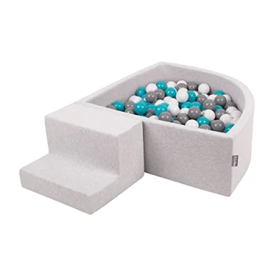 Image of KiddyMoon Foam Playground For Kids With Quarter Angular Ballpit (100 Balls) Obstacle Course, Lightgrey:Grey/White/Turquoise