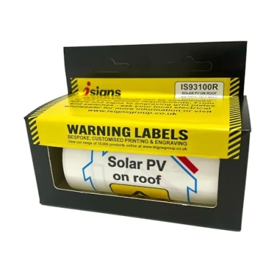 Image of iSigns Warning Signs (Solar PV on Roof), Pack of 100 Labels a Roll, 100x100mm, Over Laminated Self Adhesive Safety Sticker, British HSE Standards Approved