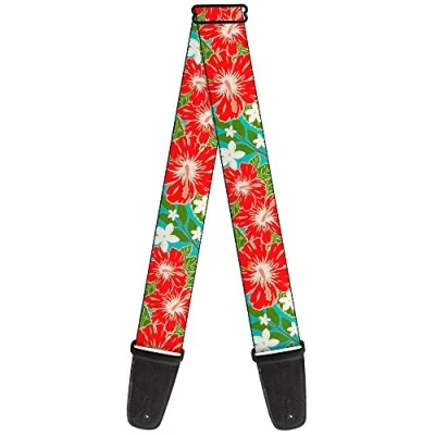 Image of Buckle Down GS W30874 &quot;Hibiscus &amp; Plumerias Turquoise/Greed/Red/White&quot; Guitar Strap