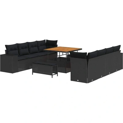 Image of vidaXL 11 Piece Garden Sofa Set with Cushions Black Poly Rattan Acacia