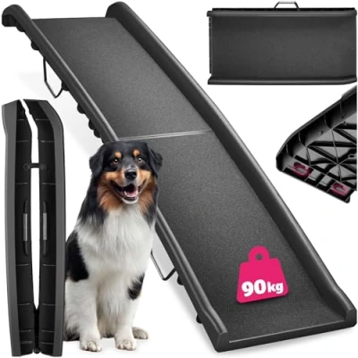 Image of tectake® Folding Dog Ramp, Portable &amp; Lightweight, Non Slip Surface, Adjustable with High Load 90kg Capacity, Safety Rails Rubber Feet, Robust Construction Steps For Cars, Sofas Beds