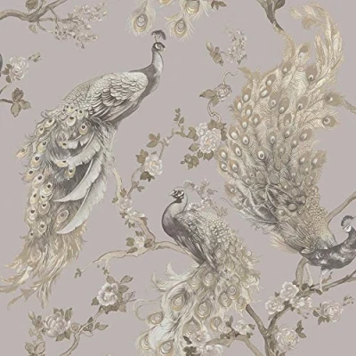 Image of Menali Peacock Glitter Wallpaper Grey White Birds Leaf Floral Vinyl Y�L