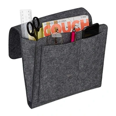 Image of Relaxdays Bed Pocket, Hanging Bedside Storage, 5 Sections, Sofa &amp; Armchair, Organiser, Felt, 27 x 31.5 cm, Dark Grey, 26 28 5cm
