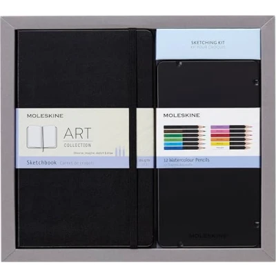 Image of Moleskine Drawing Kit Notebook for Sketches and 12 Watercolor Pencils Hard Cover Plain Paper Notebook, Size Large 13 x 21 cm + in Different Shades