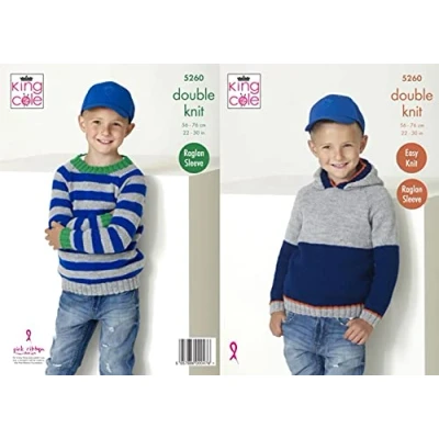 Image of King Cole 5260 Knitting Pattern Boys Raglan Hoodie and Sweater in Big Value DK