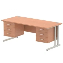 Image of Impulse 1800x800 Desk Beech Silver Cantilever Leg + 2x Fixed Pedestal
