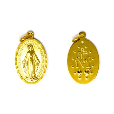 Image of Catholic Gift Shop Ltd Gold Miraculous Medal with the Traditional M Surmounted by Cross and Immaculate Sacred Hearts Plus Lourdes Prayer Card