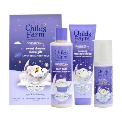 Image of Childs Farm SlumberTime Sweet Dreams Sleep Gift Set 3 Step Routine Lavender &amp; Moon Milk Bath Soak 250ml, Calming Massage Lotion 150ml, Mist 100ml Suitable for Dry Sensitive Skin
