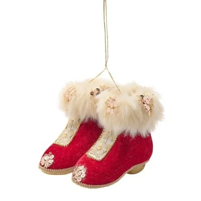 Image of Widdop and Co. The Seasonal Gift Red Velvet Pair Of Santa Boots Hanging Decoration Christmas Ornament. Red, Gold &amp; White Xmas Homeware Indoor Festive Holiday Room Decor.