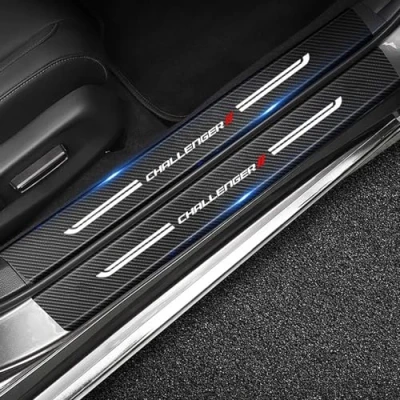Image of 4Pcs Car Door Sill Protector Threshold Scuff Plate for Dodge Challenger, Carbon Fiber Kick Plates Sticker Automobile Welcome Pedal Decorative Strips (Challenger)