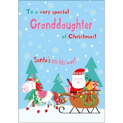 Image of doodlecards Granddaughter Christmas Card Magic Santas Sleigh with Unicorn Medium Size for Plain Envelope