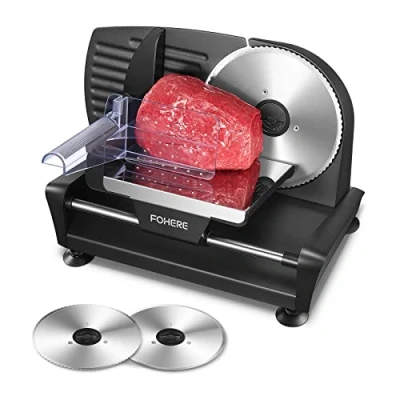 Image of FOHERE Electric Meat Slicer Machine 200W for Home Use, with 2 Removable Stainless Steel Blade(Smooth/Serrated) and Food Pusher, Safety Switch, 0 15mm Thickness Adjustment, Cheese, Bread